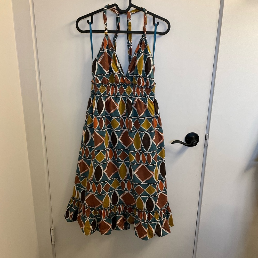 BCBGMaxAzria multicolour geometric print halter midi cotton dress, size small